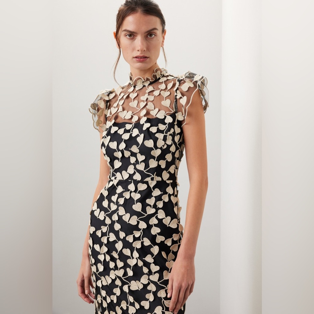 Shoshanna Black Strapless Dress with Cream Heart Appliqués and Sheer Yoke